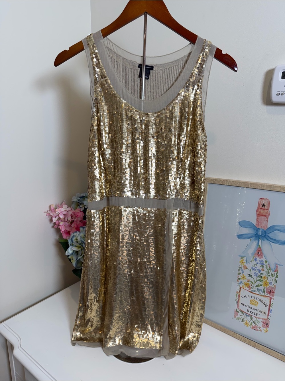 Club Monaco Silk & Gold Sequin Shift Dress Size 4 Holiday Party Glam